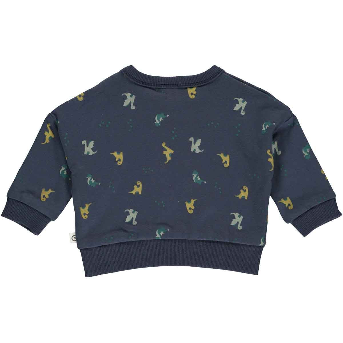 donkerblauwe baby sweater met draakjes print, foto van de achterkant