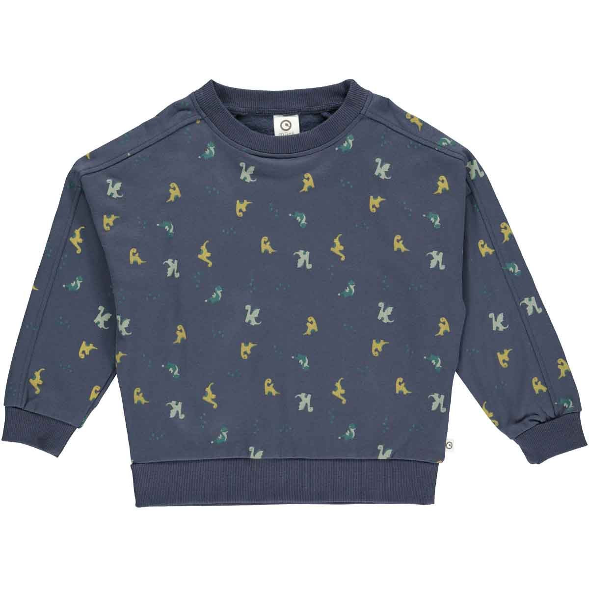 donkerblauwe baby sweater met draakjes print, foto van de voorkant