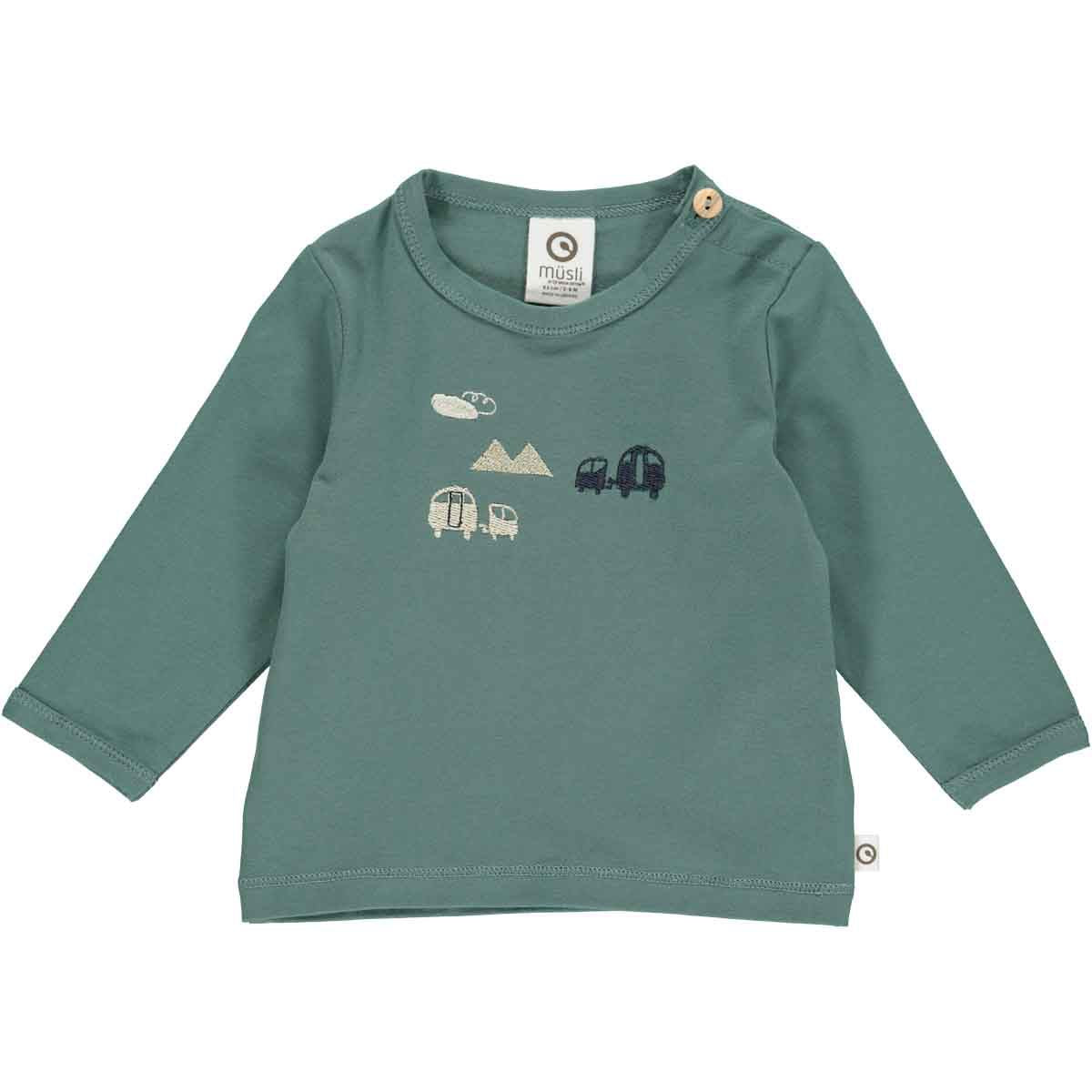 Groen baby T-shirt met lange mouwen met geborduurde caravan op de borst, foto van de voorkant