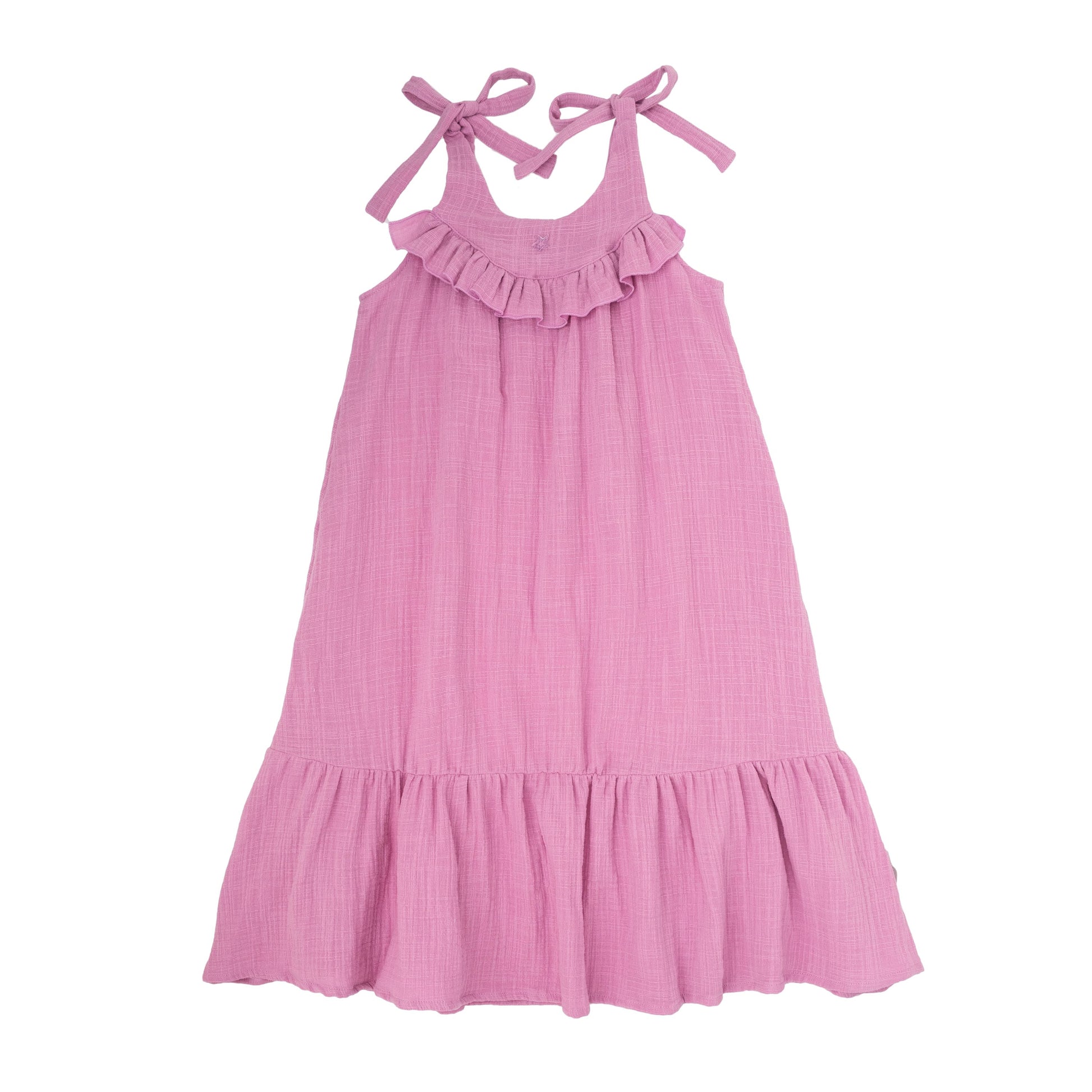 lange jurk roze knooplinten linnen ruches Tocoto vintage 100% organisch katoen fairtrade gemaakt babykleding duurzame kinderkleding sustainable kids clothing